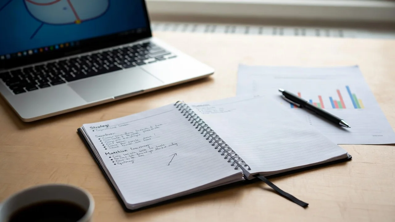 Anteckningsblock med hockeystrateginoteringar och en penna bredvid en bärbar dator