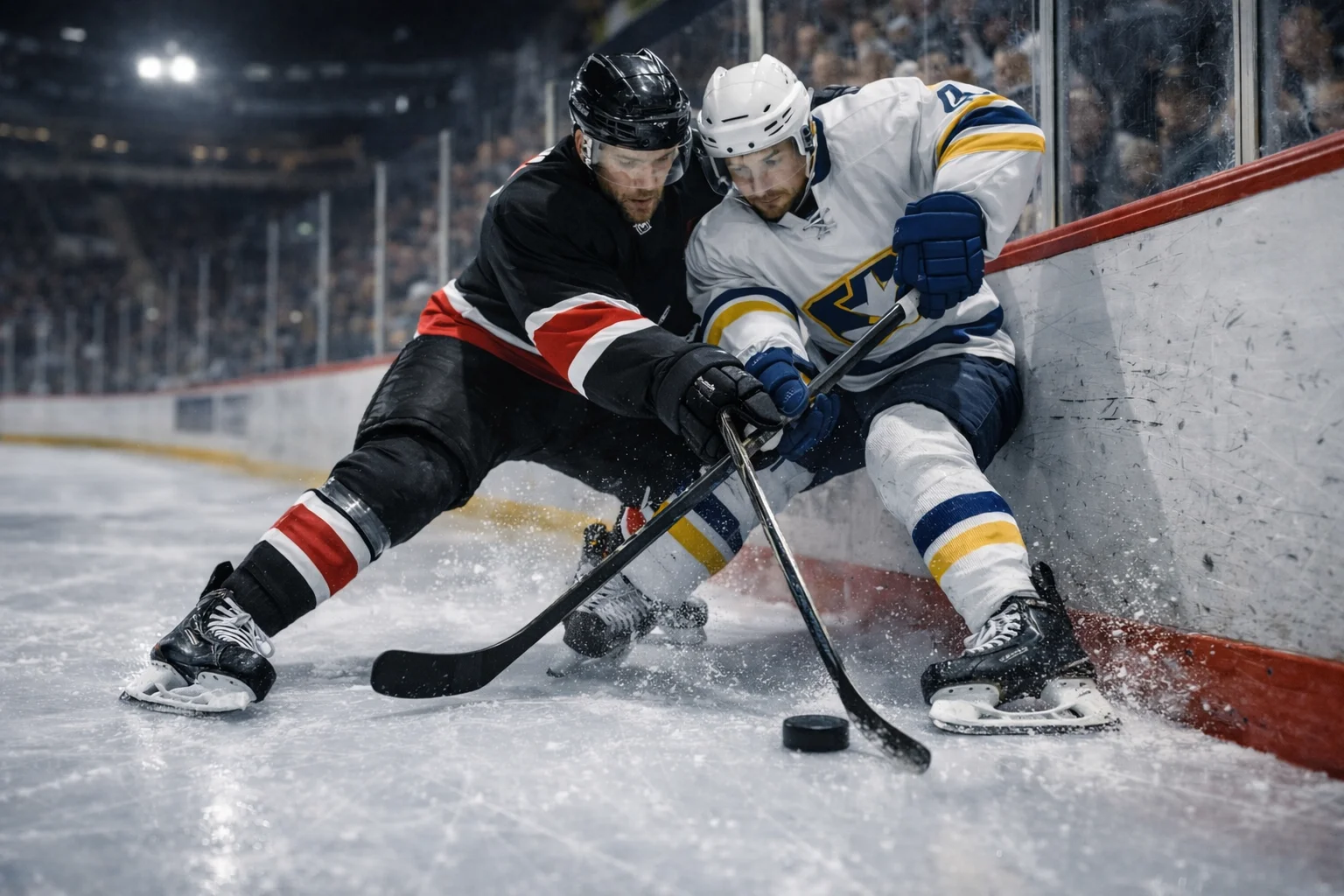 Ishockeyspelare i närkamp vid sargen under en SHL-match