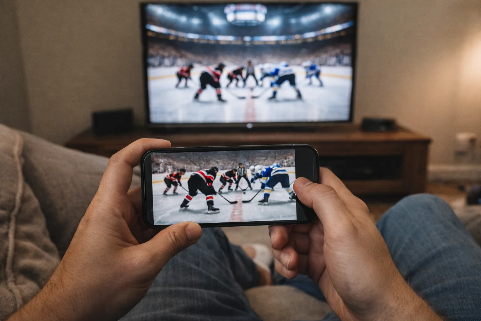 Person som tittar på en ishockeymatch på mobiltelefon under en livematch