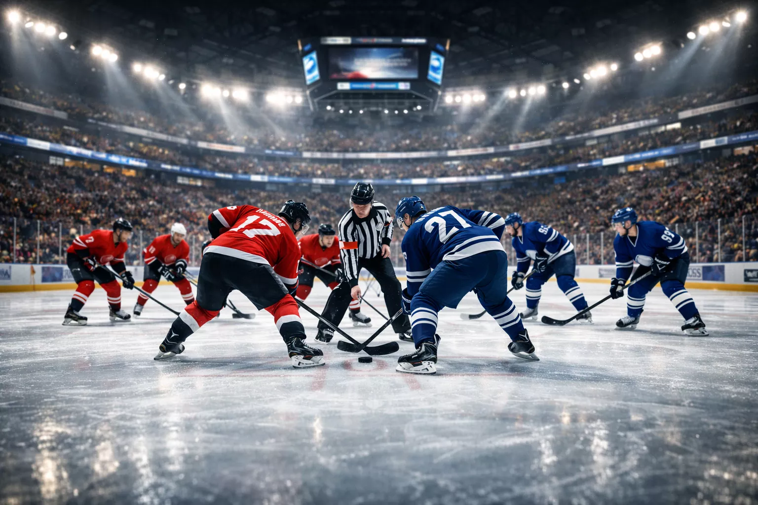 Ishockeymatch med två lag i full aktion framför en fullsatt arena